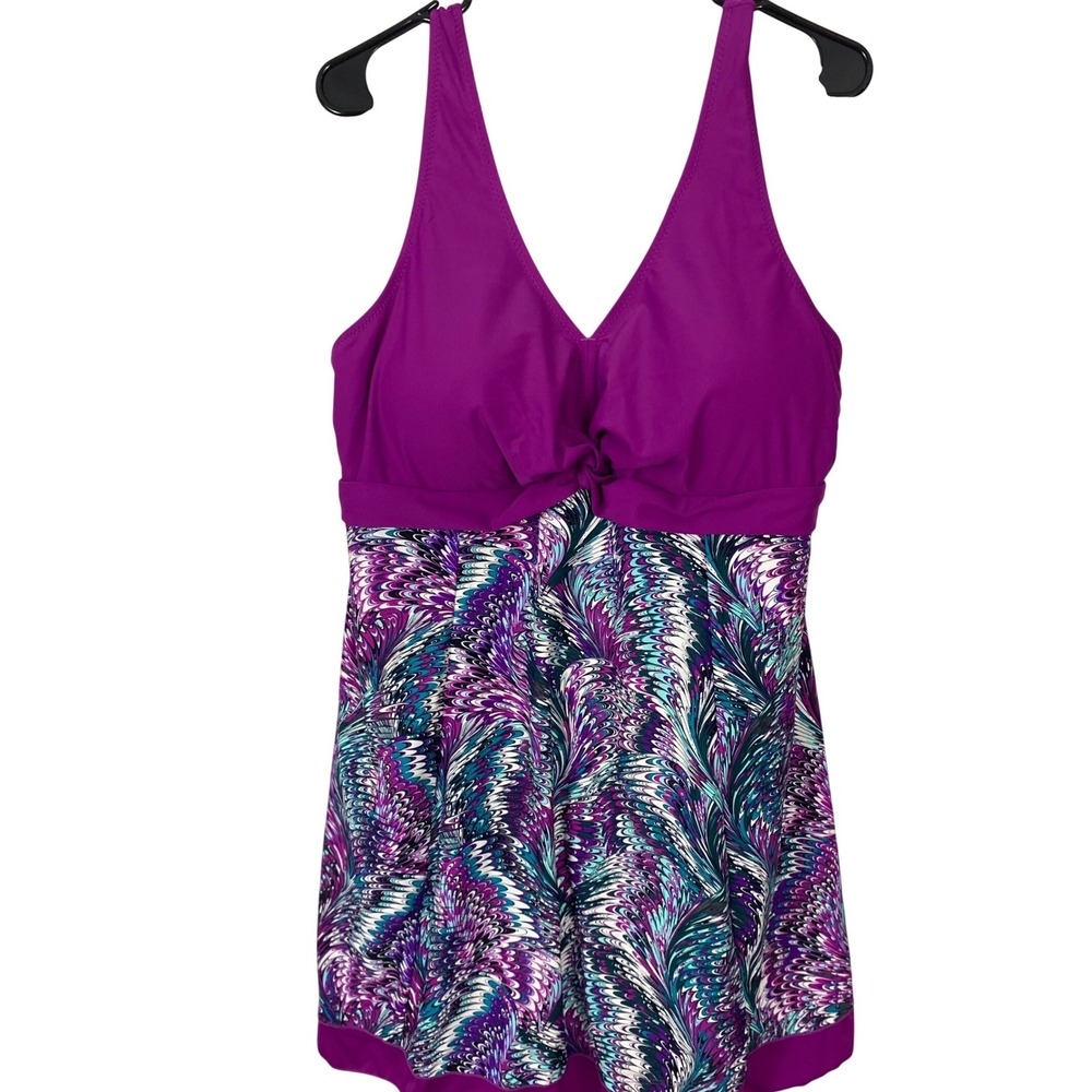 Summer Mae Swim Dress Women 5XL Purple Teal Peacock Print OnePiece Modest Set